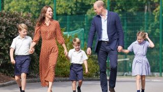 Prince George, Princess Charlotte and Prince Louis accompanied by their parents the Prince William, Duke of Cambridge and Catherine, Duchess of Cambridge, arrive for a settling in afternoon at Lambrook School