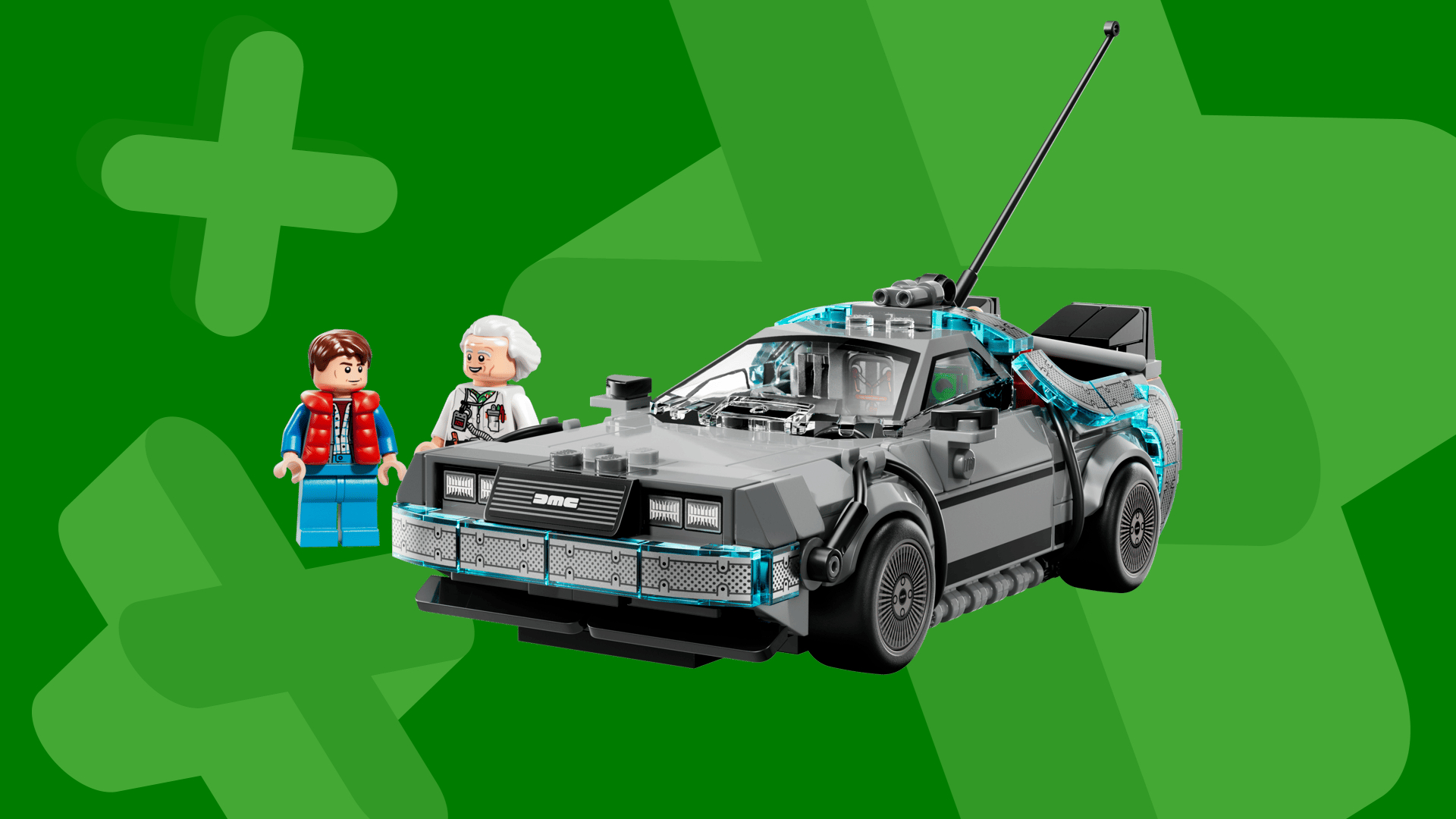 Lego Back to the Future DeLorean against a green background