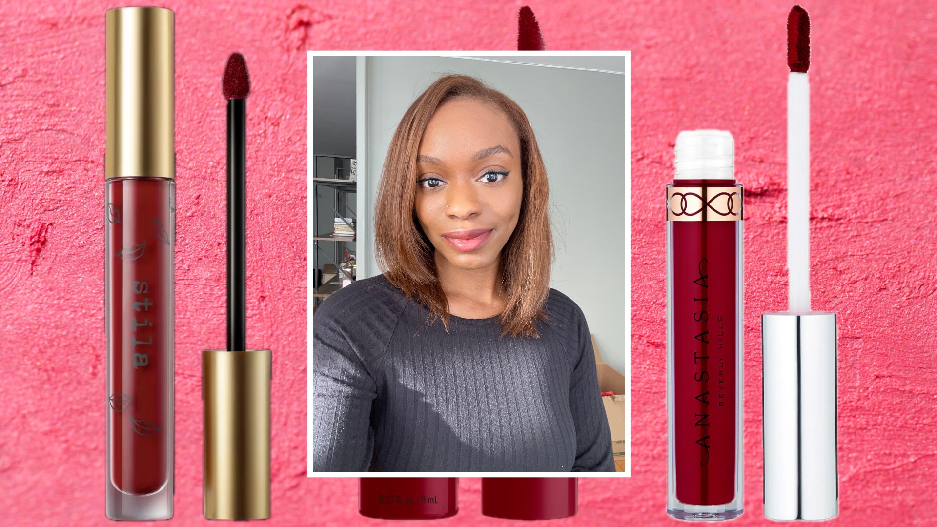 a graphic featuring a selfie of a woman with brown hair wearing berry lipstick next to three tubes of berry lipstick
