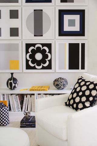 Black, white and yellow patterned images. Black and white pottery and cushion