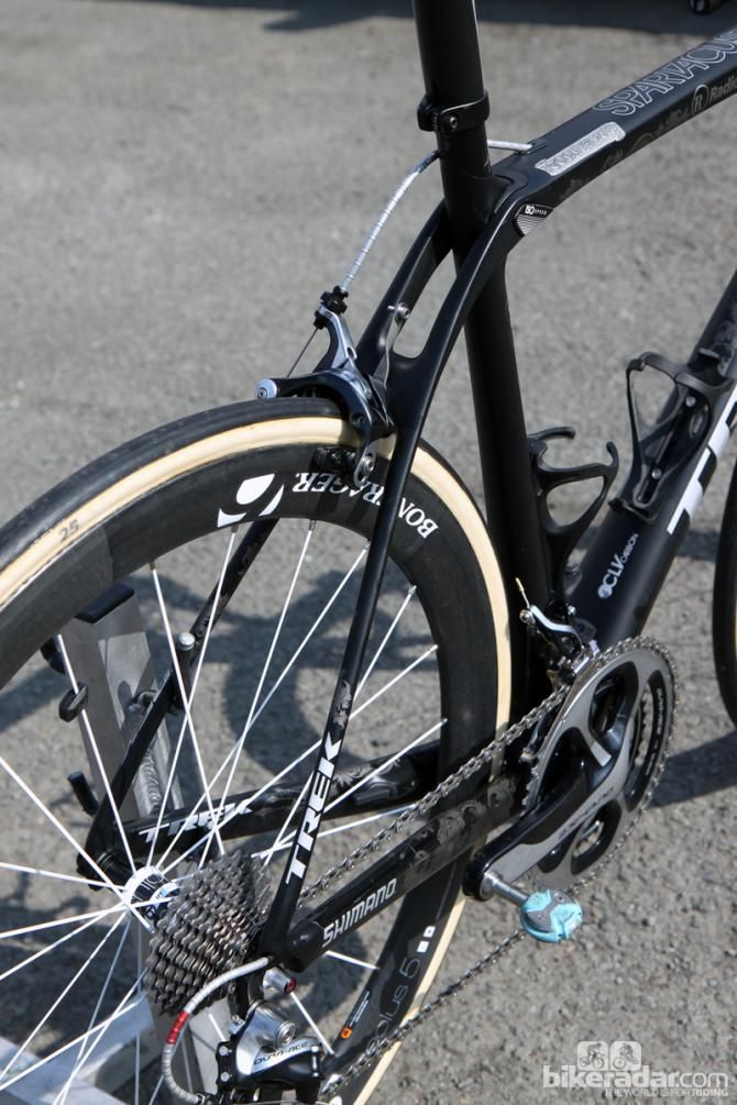 Further adding to the remarkable comfort of Fabian Cancellara's (Radioshack-Nissan-Leopard-Trek) Trek Domane 6-Series are the spindly seat stays.