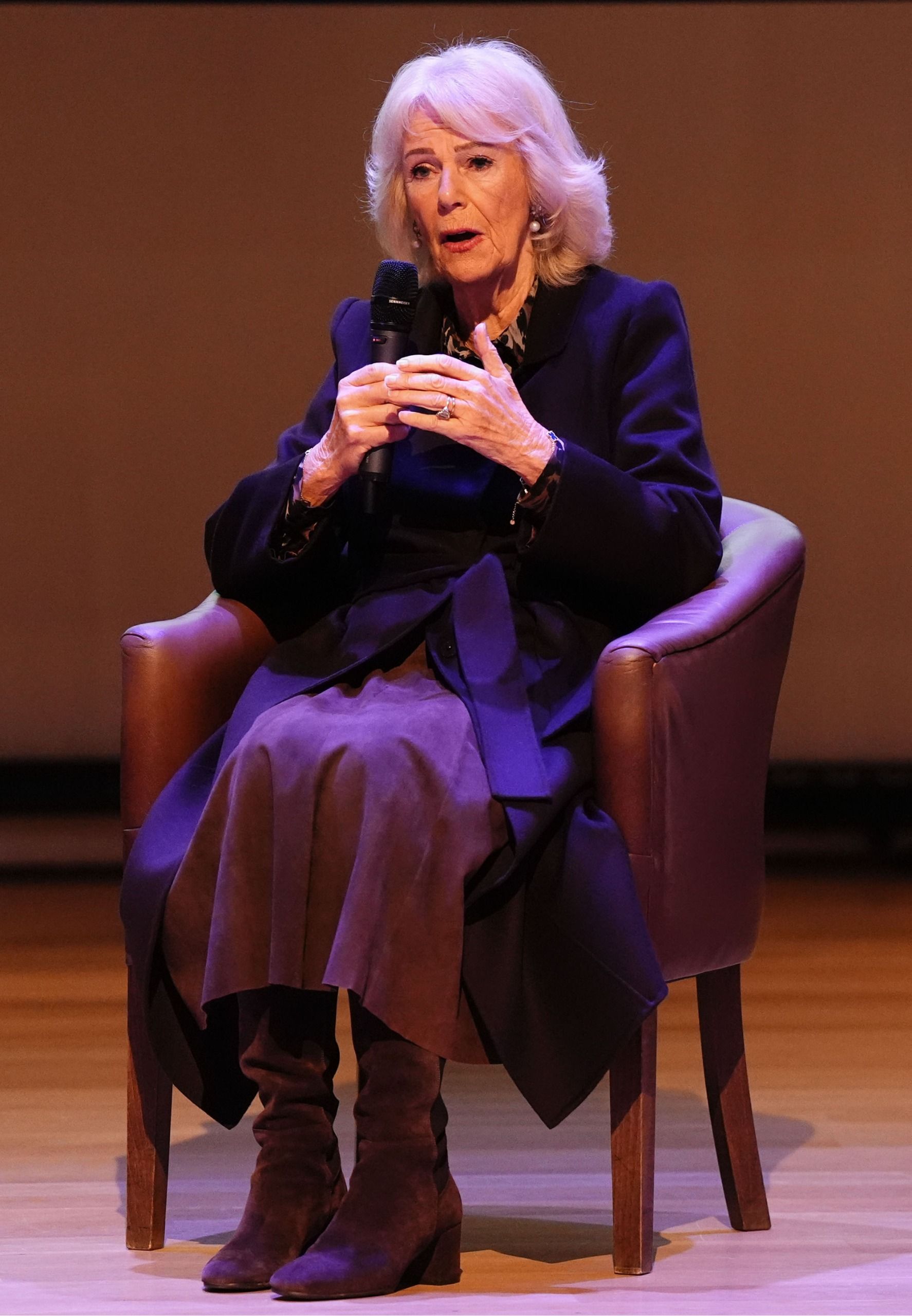 Queen Camilla speaks on stage during a panel discussion at the Ending Violence Against Women and Girls Summit, at Marlborough College on October 23, 2026