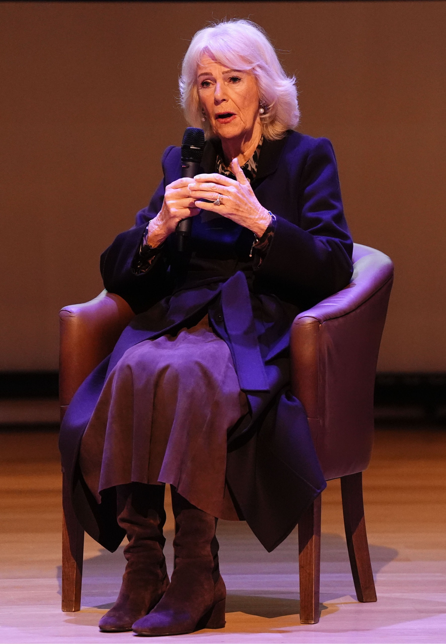 Queen Camilla speaks on stage during a panel discussion at the Ending Violence Against Women and Girls Summit, at Marlborough College on October 23, 2026