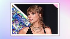 Taylor Swift wears a black dress as she attends the 2023 MTV Music Video Awards at the Prudential Center on September 12, 2023 in Newark, New Jersey/ in a blue, white and purple gradient template