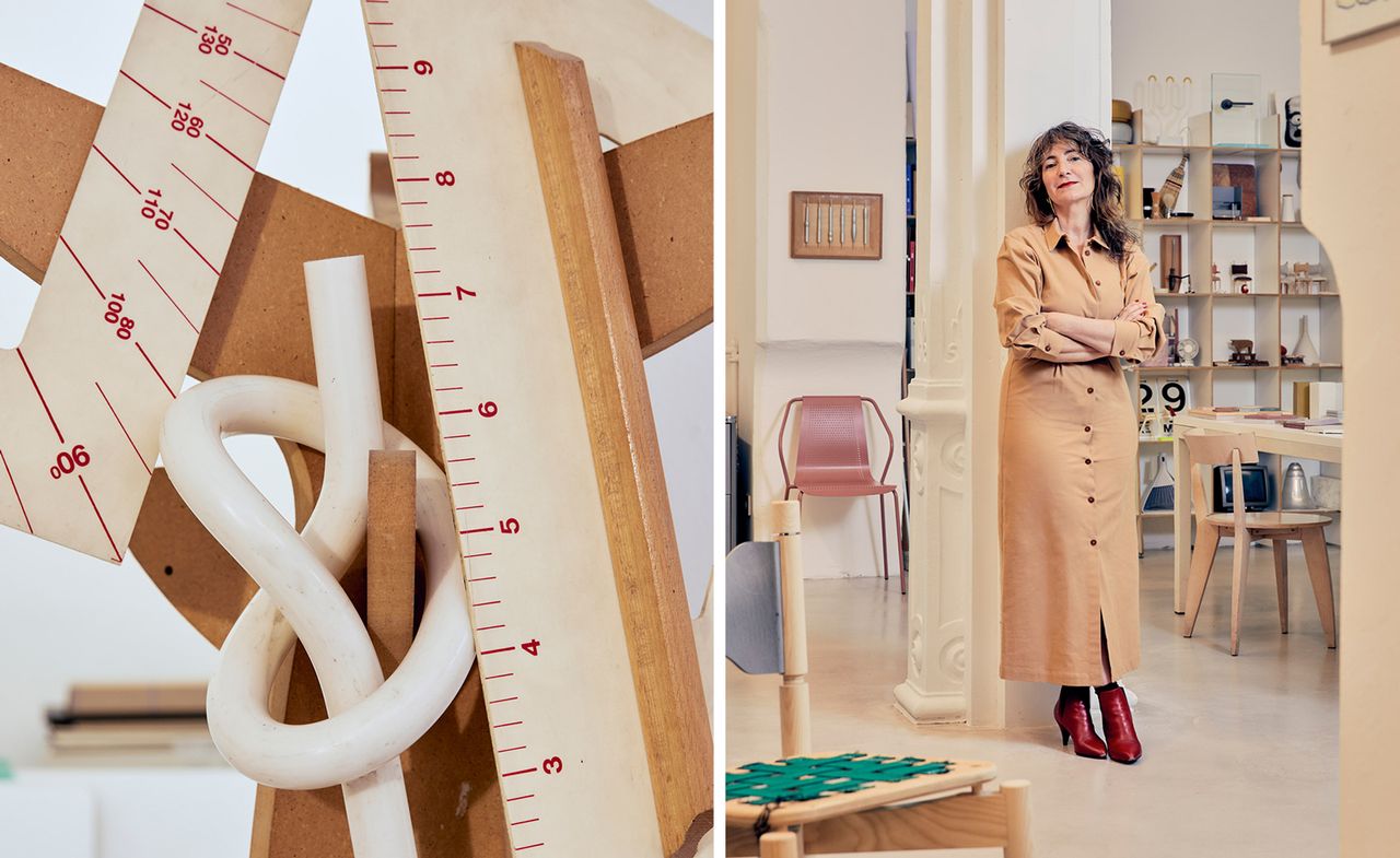 Studio Irvine Marialaura Irvine photographed in her Milan studio on Via della Moscova in February. In the background (right) is an outdoor version of Studio Irvine’s ‘Donna’ chair for Baleri Italia