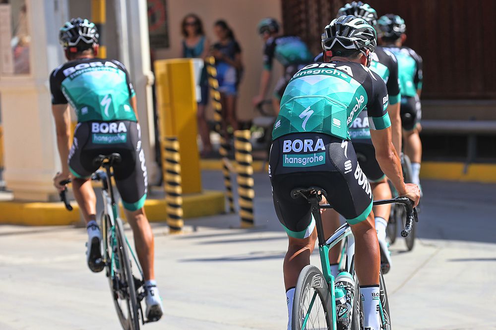 Bora-Hansgrohe riders roll out for a training ride in San Juan