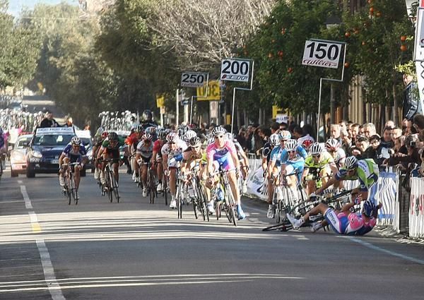 Fabio Sabatini (Liquigas-Doimo) goes airborne after colliding with Alessandro Petacchi (Lampre).