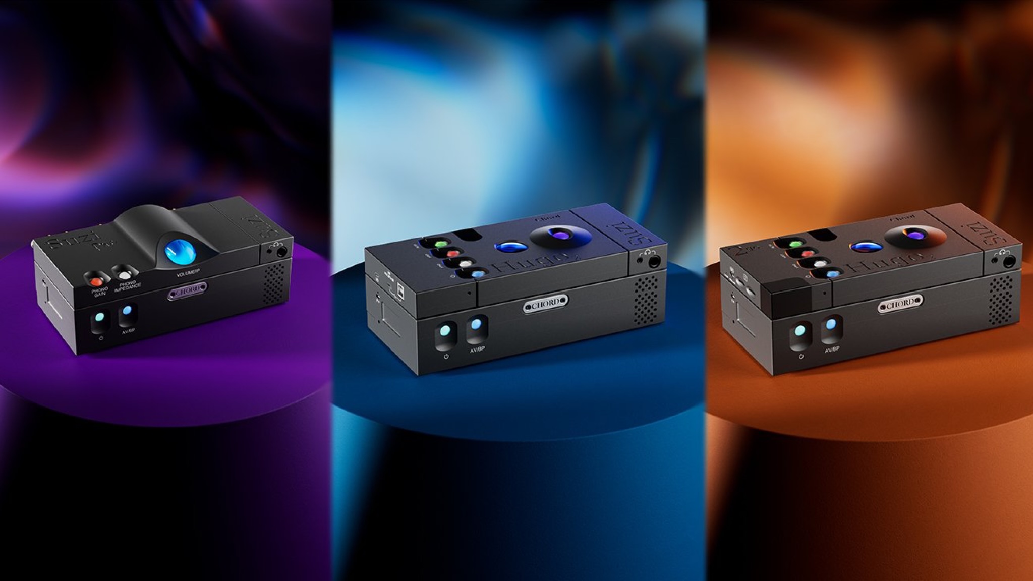 Chord Suzi Pre and Amp rendered on purple, blue and bronze backgrounds