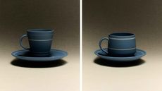 Two cups and plates by Lucie Rie: the cups are blue with simple forms and horizontal white lines, the plates are blue and round, with a white line along their border