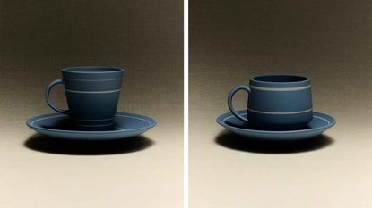 Two cups and plates by Lucie Rie: the cups are blue with simple forms and horizontal white lines, the plates are blue and round, with a white line along their border