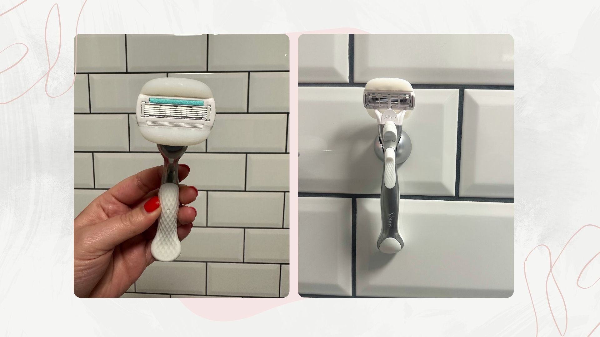 Two images of a silver Gilette Venus razor, one being held to show the blades, one attached to a tiled wall