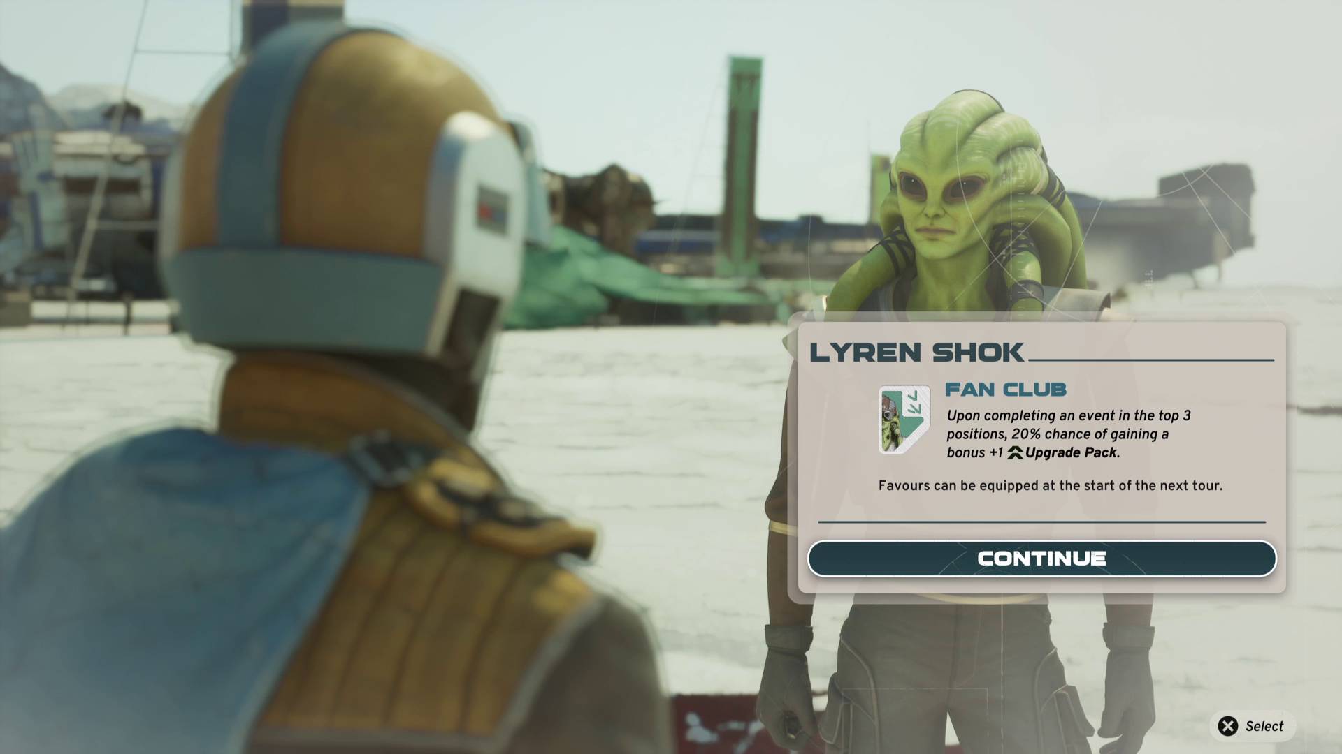 Star Wars Galactic Racer Lyren Shok giving Shade his Fan Club Favour