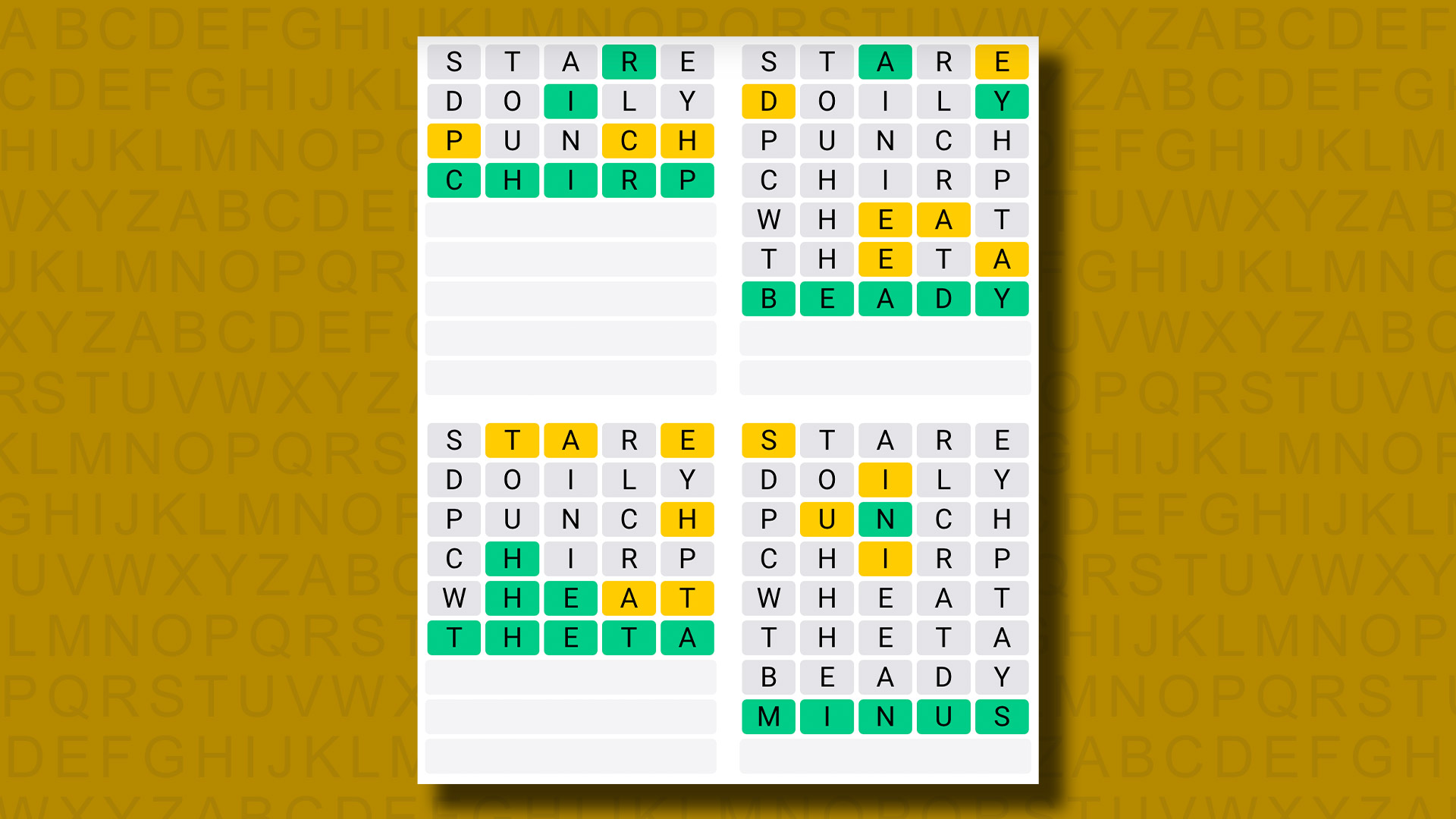 Respuestas de Quordle para el juego 959 sobre fondo amarillo