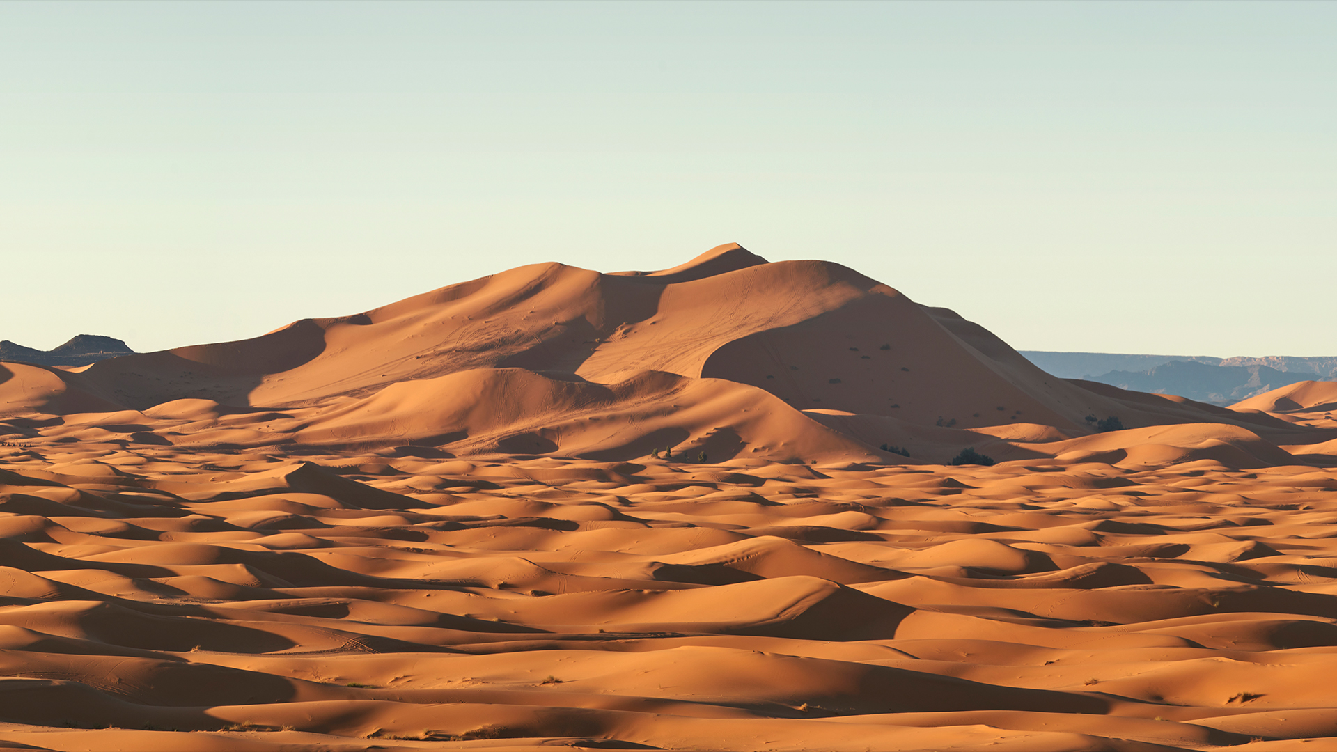 Panoramic of sand dunes and clear blue sky, Erg Chebbi, Merzouga, Morocco.