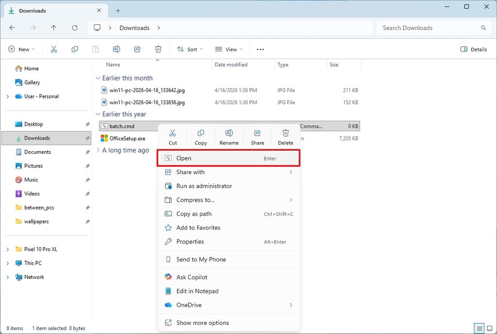 Context menu with default app in Open