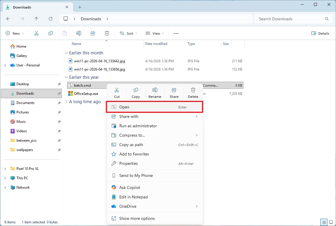Context menu with default app in Open