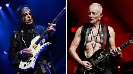Tommy Henriksen plas a white BC Rich Mockingbird onstage [left]; Def Leppard's Phil Collen plays his new Jackson PC1-E during the band's Las Vegas residency at Caesars Palace.