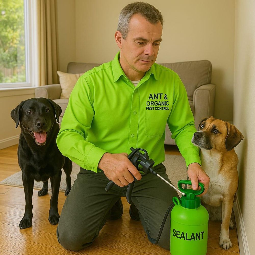 An image of entomologist Ryan Smith wearing a bright green shirt with two dogs
