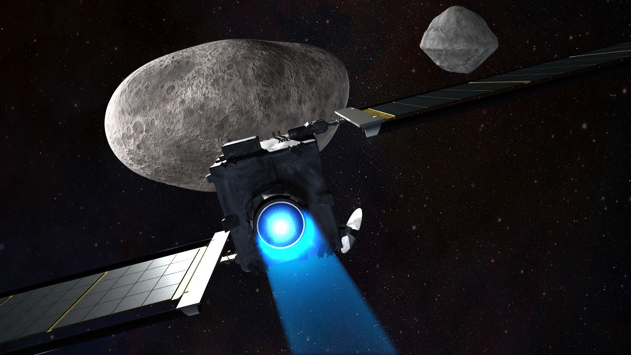 An artist's depiction of the DART spacecraft approaching Dimorphos, with the larger Didymos in the background.