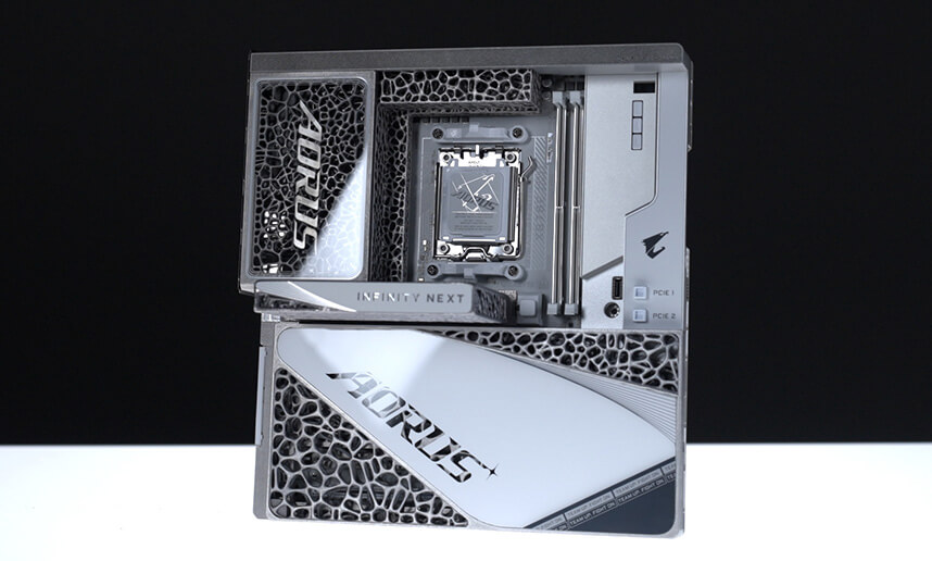 A promotional image of the Gigabyte X870E Aorus Infinity Next motherboard