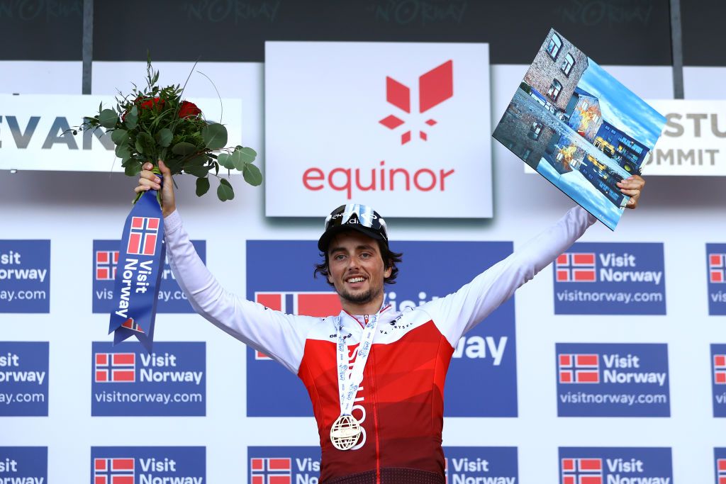 SKALLSTUGGU NORWAY AUGUST 13 Victor Lafay of France and Team Cofidis celebrates at finish line as stage winner during the 9th Arctic Race Of Norway 2022 Stage 3 a 1777km stage from Namsos to Skallstuggu 474m ArcticRace on August 13 2022 in Skallstuggu Norway Photo by Michael SteeleGetty Images