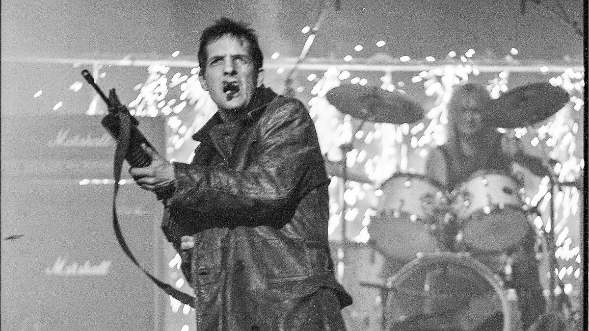 Bill Drummond off a machine gun at The Brits in 1992 