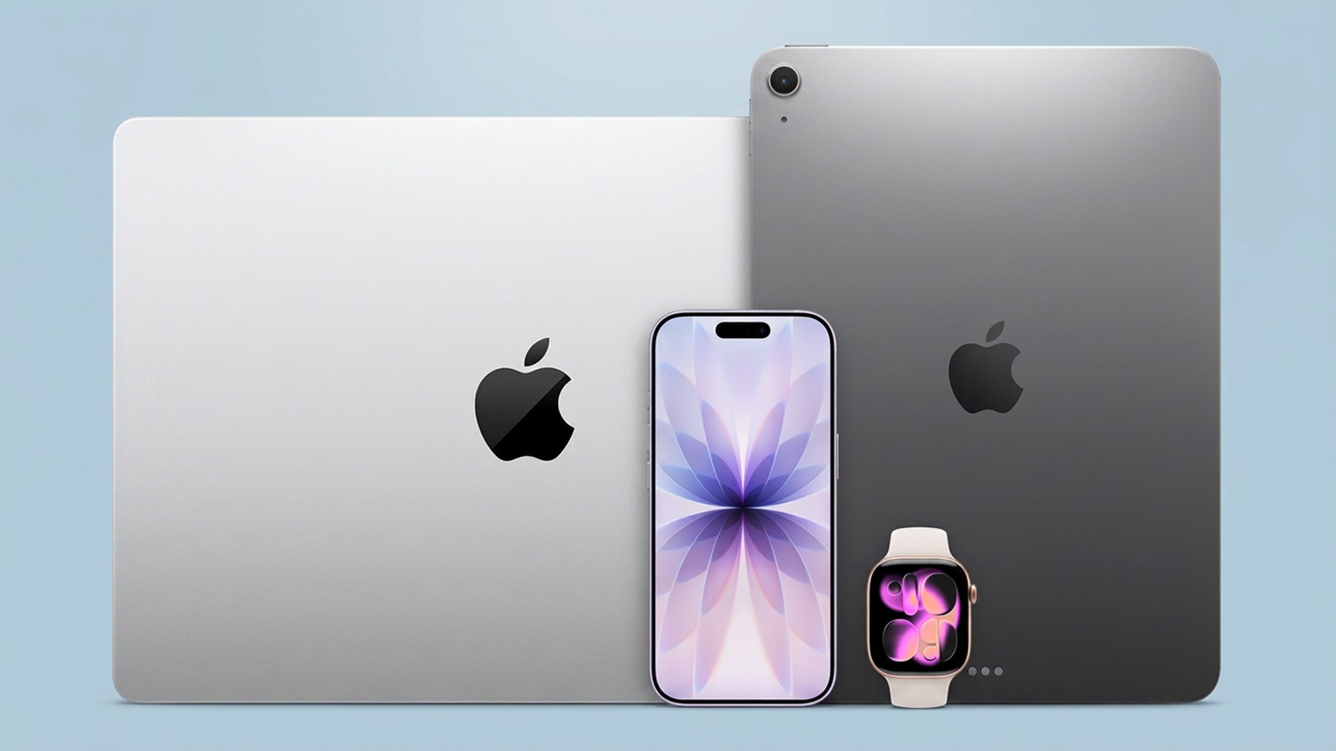 Apple devices on a blue background &ndash; iPad, MacBook, iPhone and Apple Watch