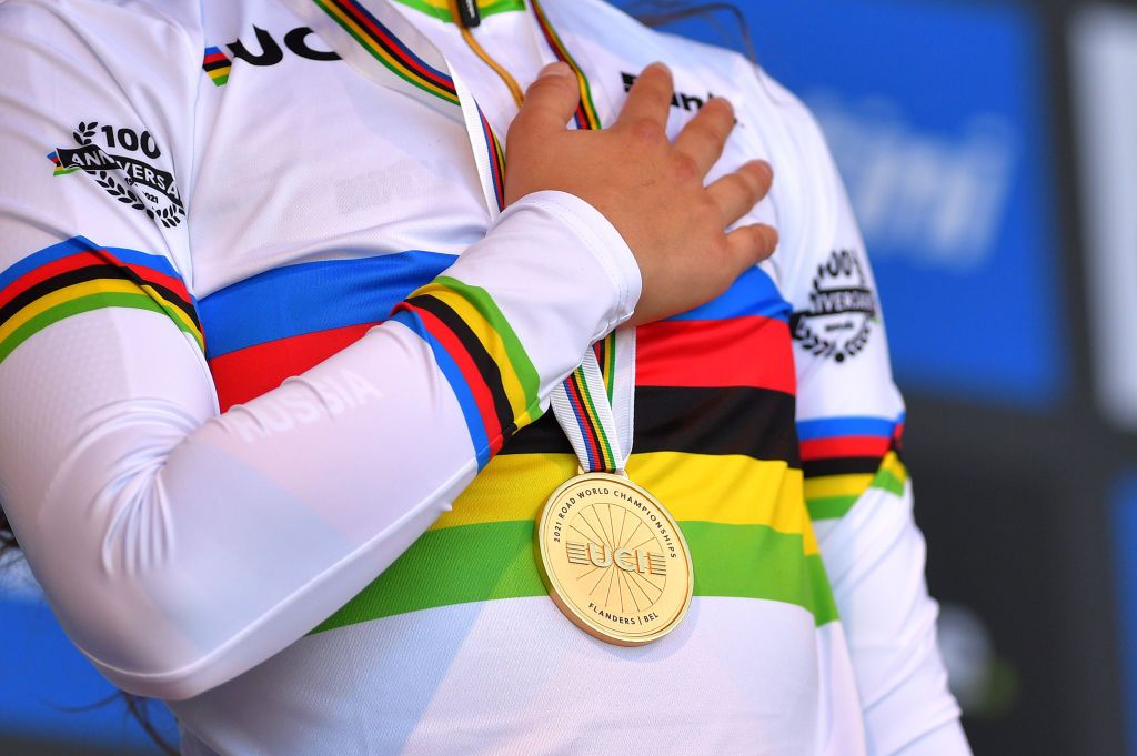 BRUGES BELGIUM SEPTEMBER 21 Detail view of Gold medalist Alena Ivanchenko of Russian Cycling Federation winning during the medal ceremony after the 94th UCI Road World Championships 2021 Women Junior ITT a 193km Individual Time Trial race from KnokkeHeist to Bruges flanders2021 ITT on September 21 2021 in Bruges Belgium Photo by Luc ClaessenGetty Images
