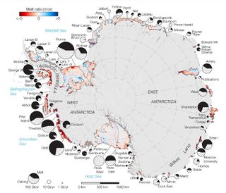 A schematic of ice shelves melting in Antarctica. The size of the pie wedge is proportional to the mass of ice lost. Black represents loss through bottom melt; white-stripes from iceberg calving. Red shows ice shelves that are freezing on bottom; blue areas are melting.