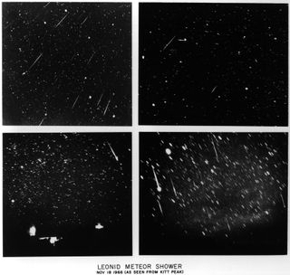 Four views of the Great Leonid Meteor Storm of 1966 are seen in this mosaic of images taken on Nov. 18, 1966, an epic year for the Leonids.