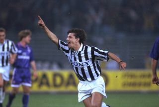 Michele Padovano celebrates a goal for Juventus against Fiorentina in September 1996.