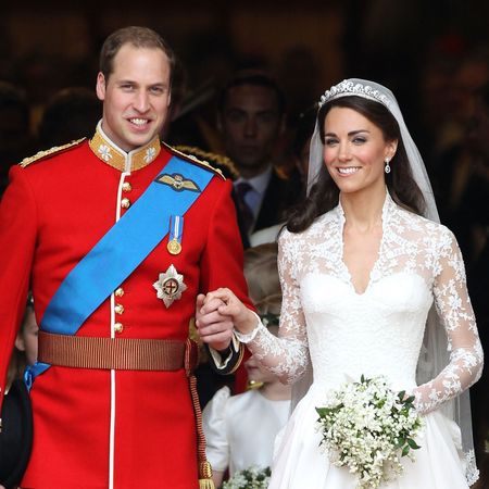 Royal weddings, including Meghan Markle wearing a white gown and holding Prince Harry's hand, Prince William and Princess Kate exiting Westminster Abbey, and King Charles gazing at Princess Diana
