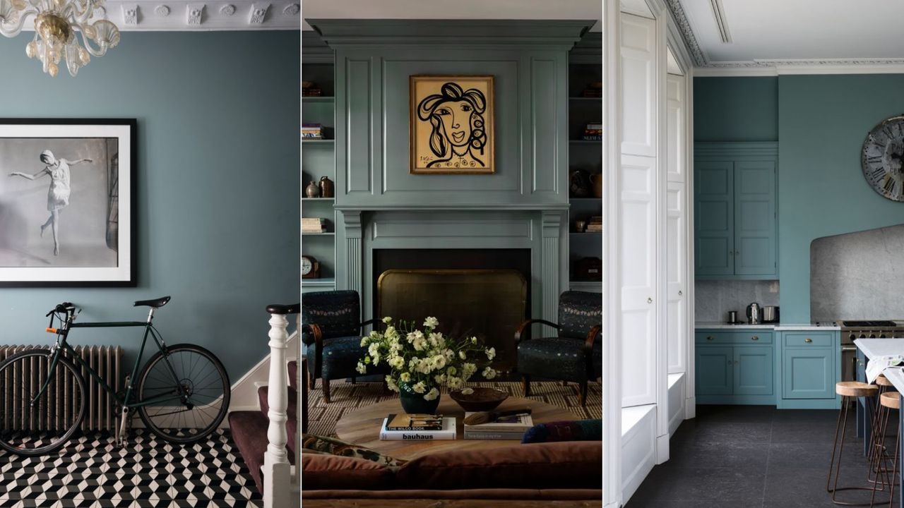 three images of interior schemes with Farrow &amp; Ball&#039;s Oval Room Blue