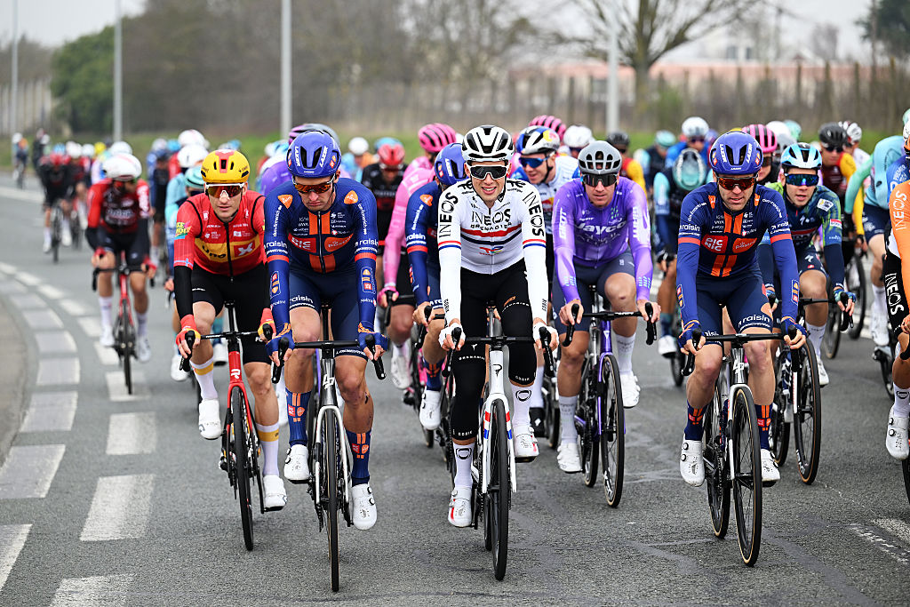 ACHERES, FRANCE - MARCH 08: (L-R) Samuel Watson of Great Britain and Team INEOS Grenadiers and Chris Hamilton of Australia and Team Picnic PostNL prior to the 84th Paris-Nice 2026, Stage 1 a 170.9km stage from Acheres to Carrieres-sous-Poissy / #UCIWT / on March 08, 2026 in Acheres, France. (Photo by Szymon Gruchalski/Getty Images)
