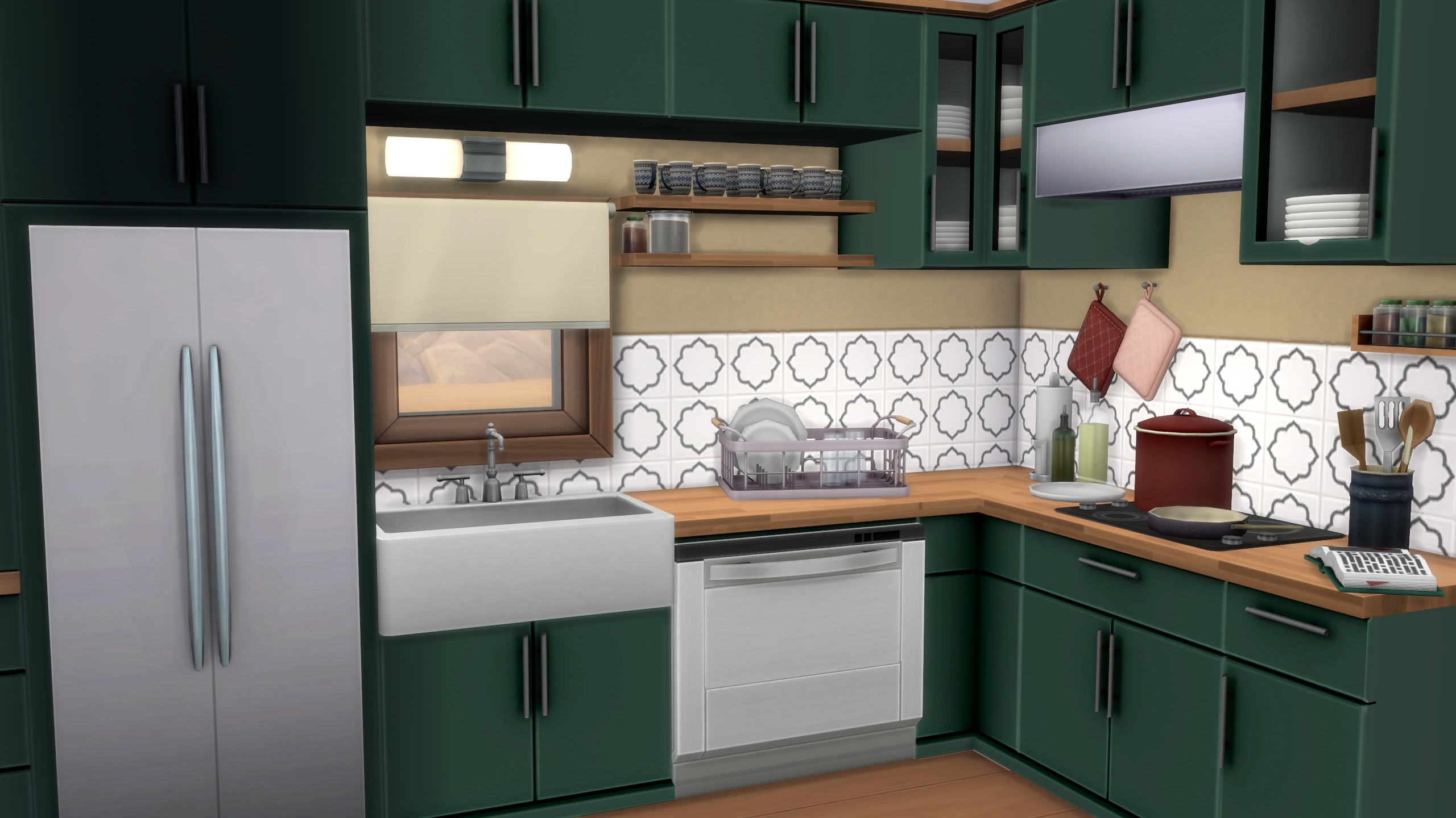Sims 4 CC - A kitchen with custom butcher counters and green cabinets, and custom clutter.