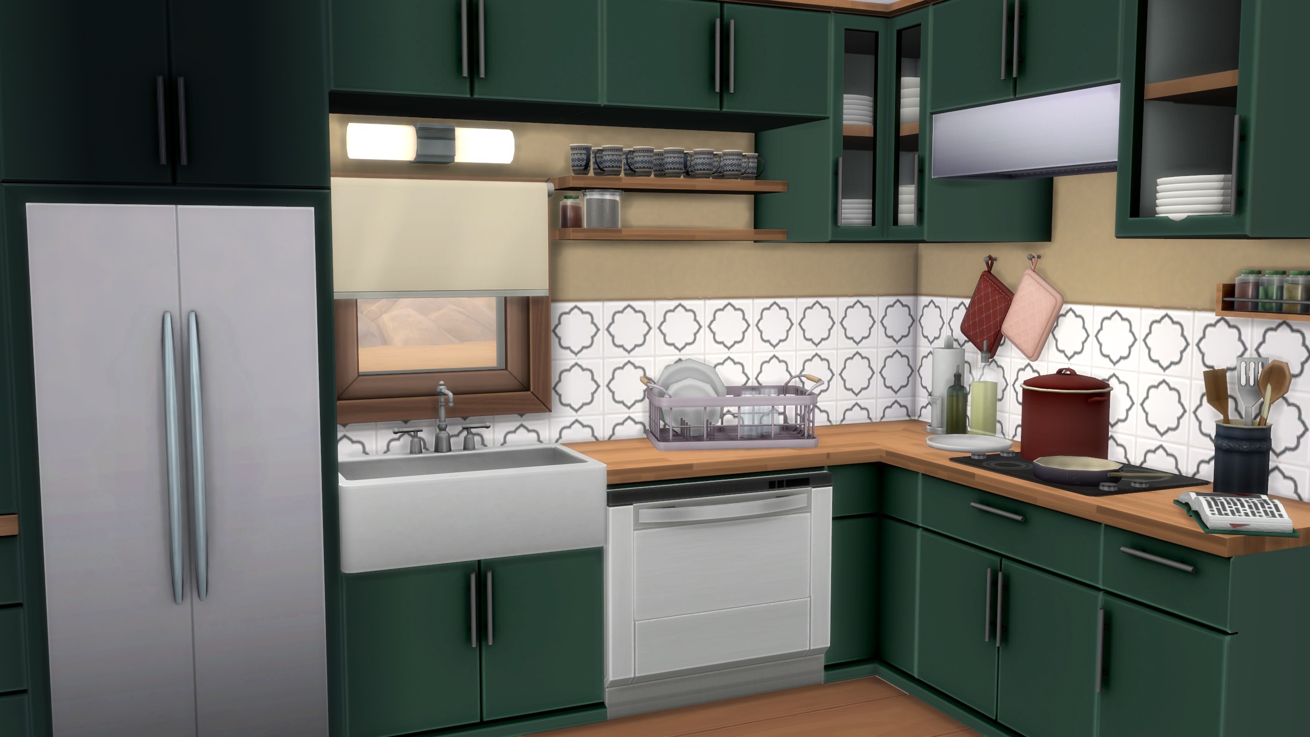 Sims 4 CC - Dapur dengan meja daging khusus dan lemari hijau, dan kekacauan khusus.