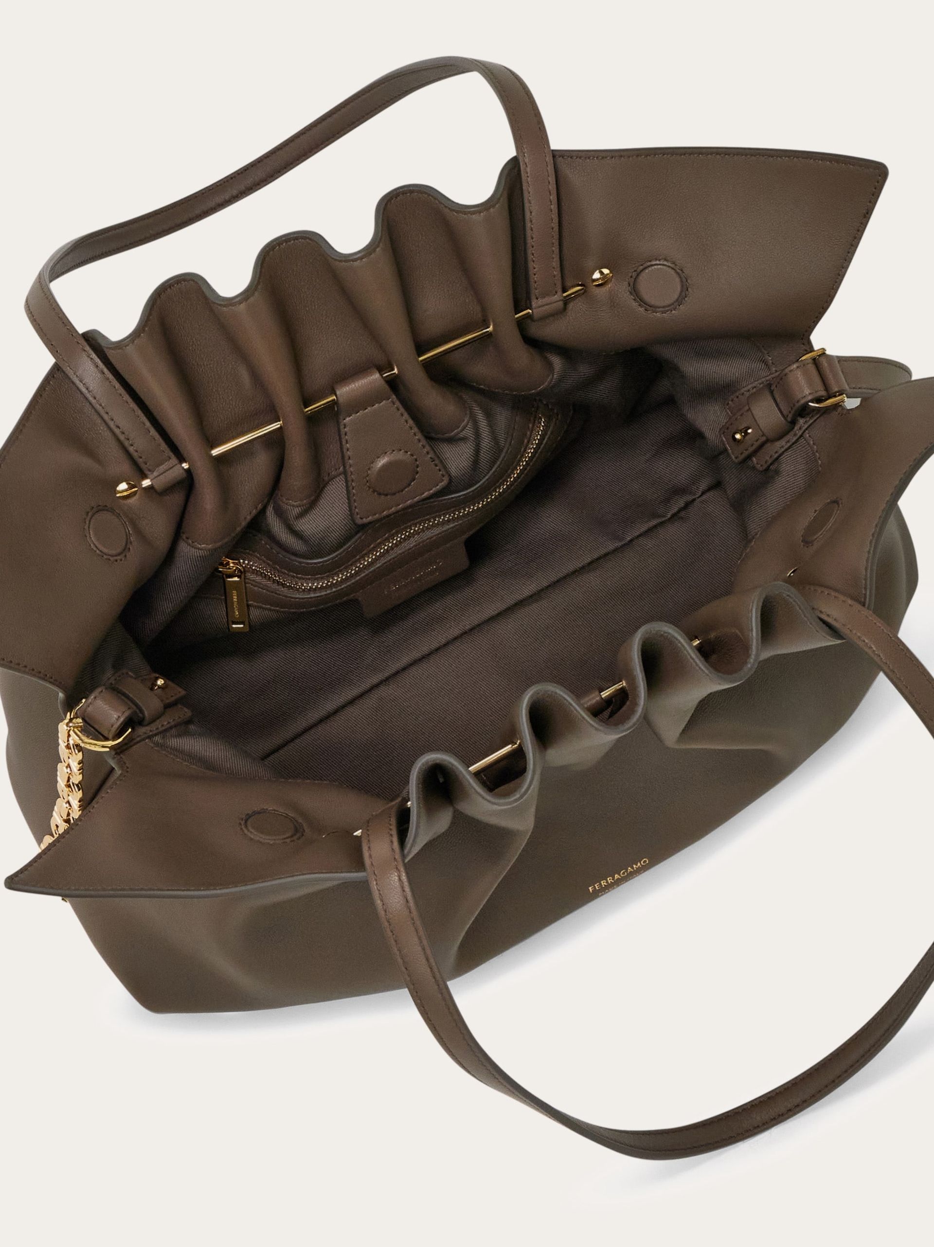 The interior of the Ferragamo Soft-Bag.
