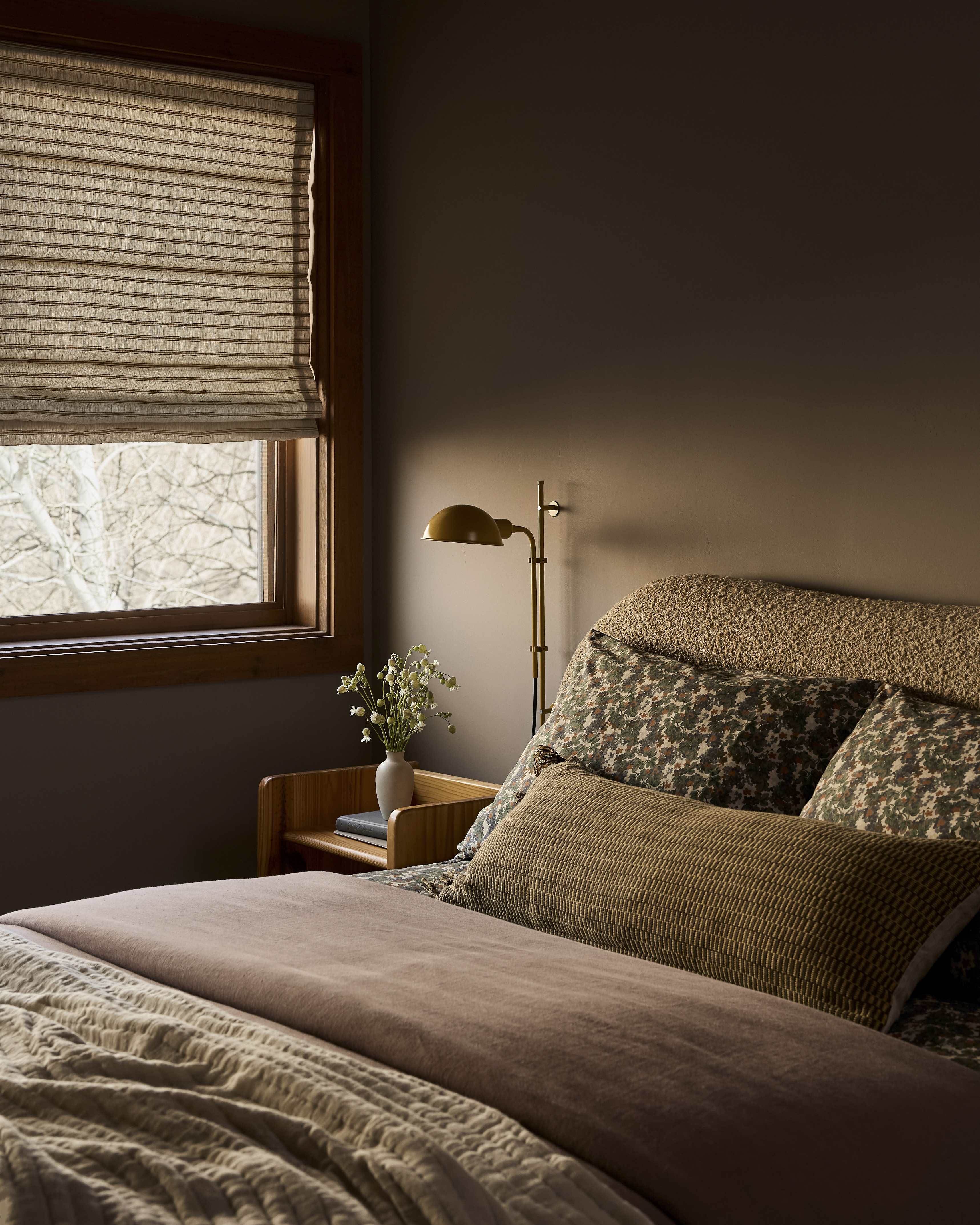 earthy neutral bedroom with muddy pinks, olives and brown