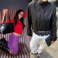A woman wearing a red sweater and purple skirt. A woman wearing a black leather jacket and white pants.