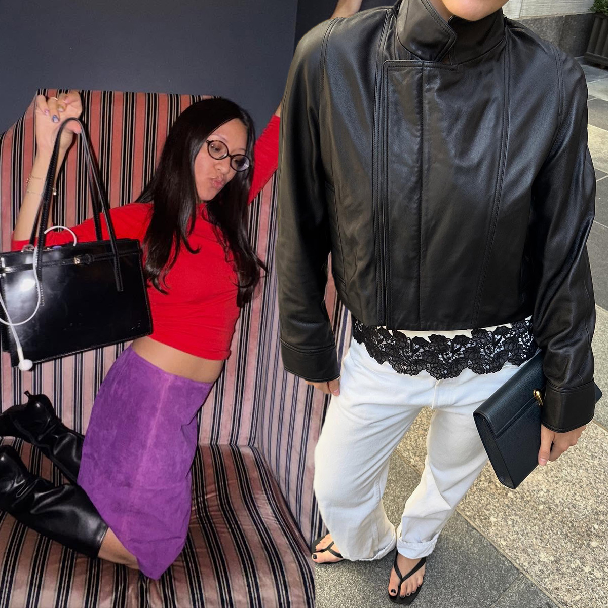 A woman wearing a red sweater and purple skirt. A woman wearing a black leather jacket and white pants.