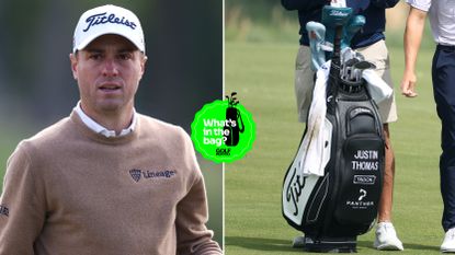 Justin Thomas walks down the fairway, with a close up of his golf bag
