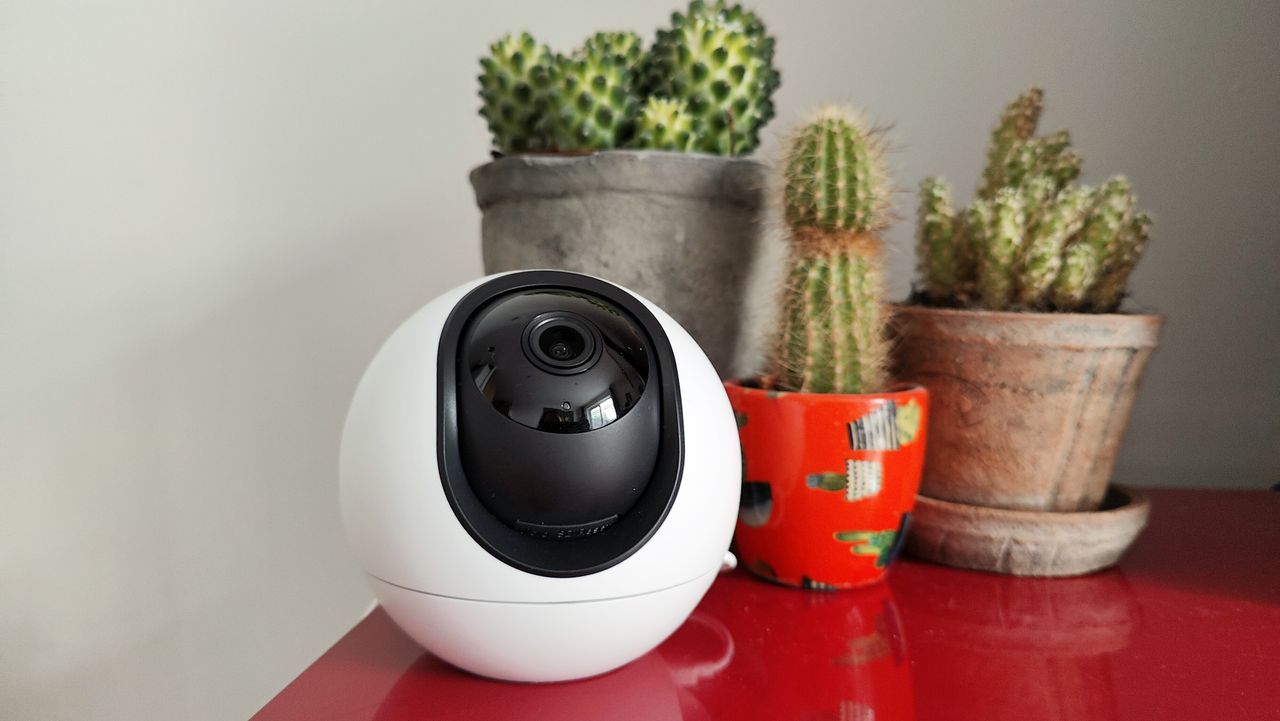 Ezviz C6 2K+ Smart Home Camera review: smart security camera in front of three plants on shelf