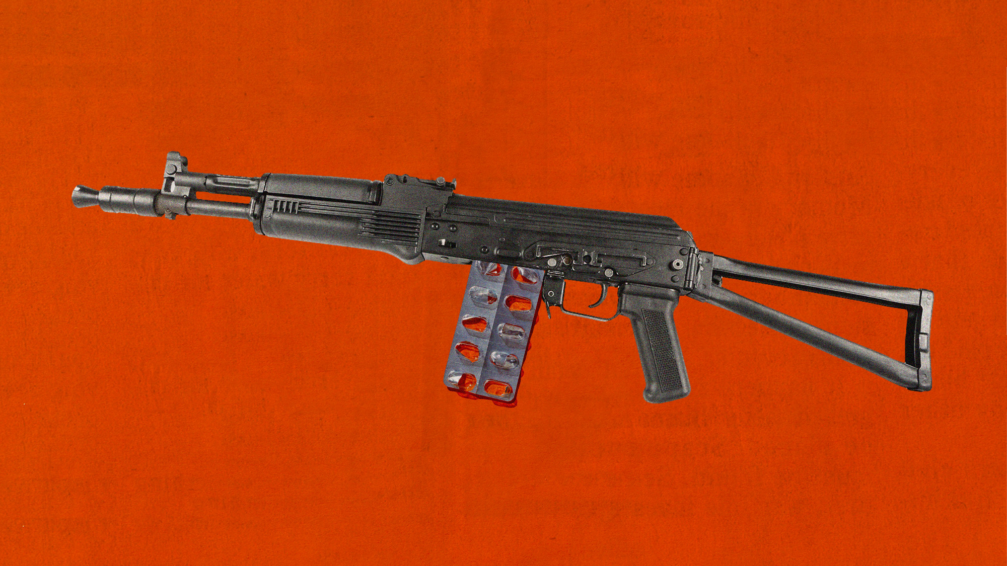 Photo collage of a rifle with an empty blister of pills instead of the ammo clip