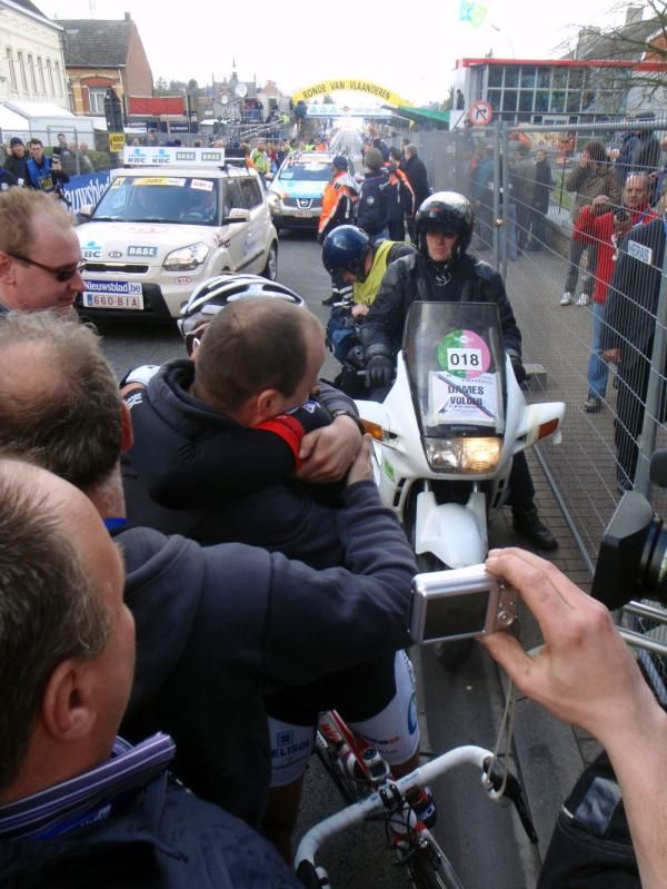Grace Verbeke (Lotto Ladies Team) is embraced by her partner immediately after winning