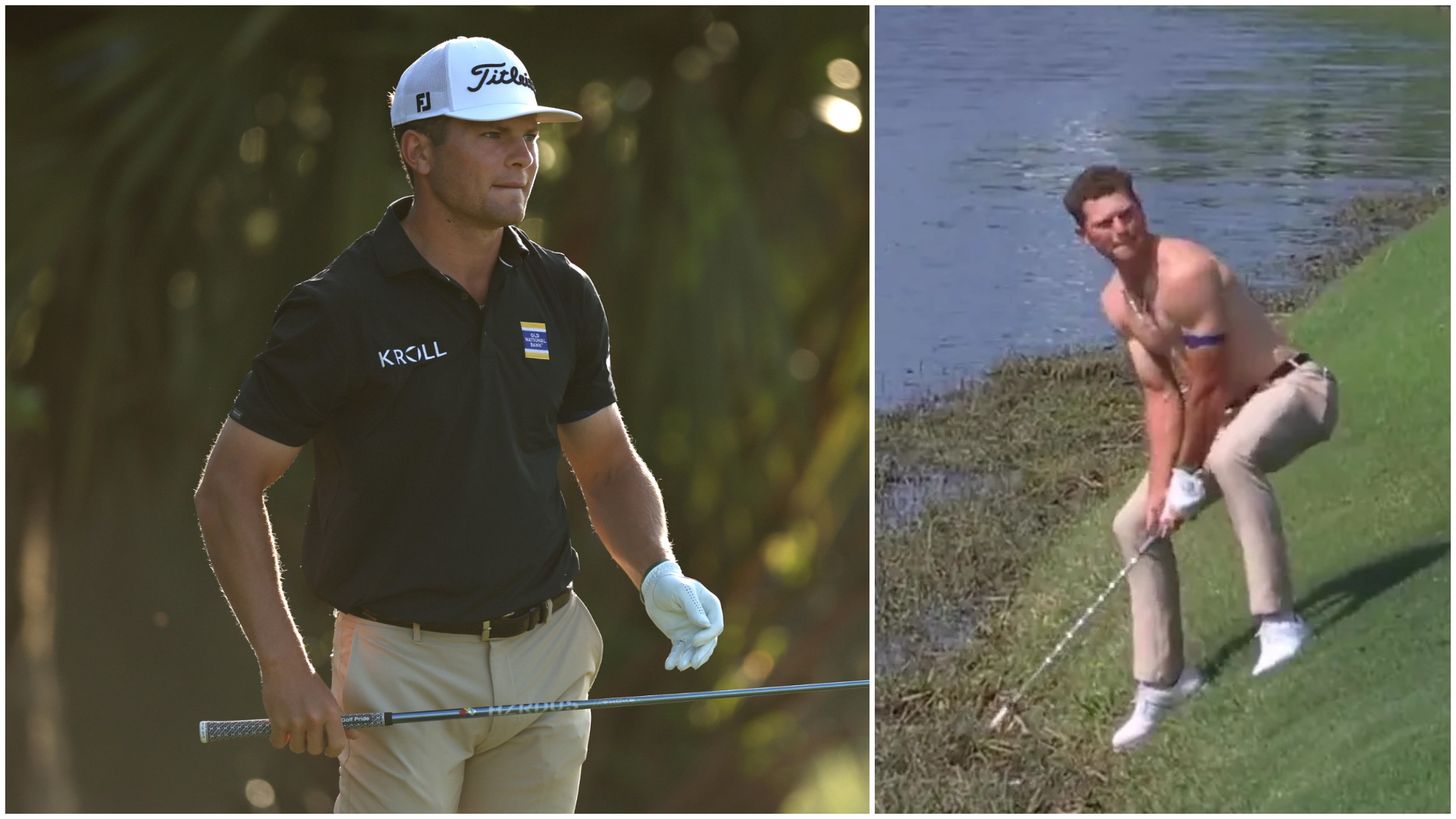 Michael Brennan plays a shot without his shirt on at the Zurich Classic of New Orleans at TPC Louisiana
