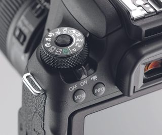 A detail shot of the Canon EOS 77D camera
