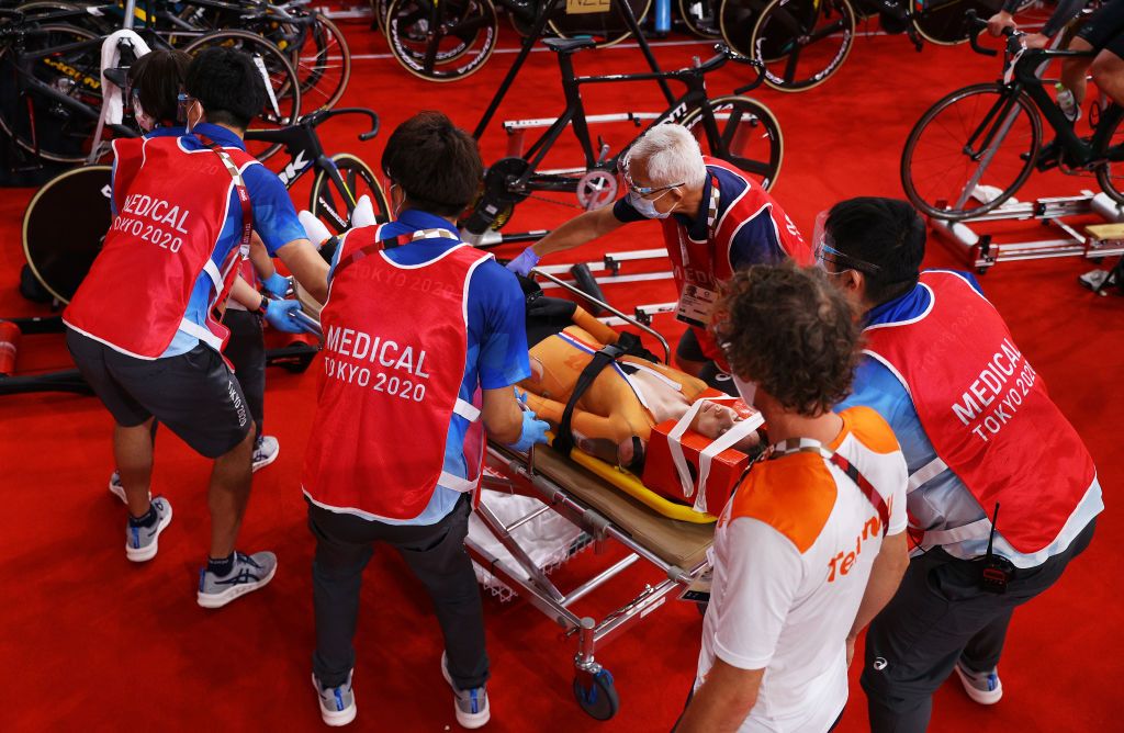 IZU JAPAN AUGUST 05 Laurine van Riessen of Team Netherlands is assisted by the medical team after her fall with Katy Marchant of Team Great Britain during the Womens Keirin quarterfinals heat 1 of the track cycling on day thirteen of the Tokyo 2020 Olympic Games at Izu Velodrome on August 05 2021 in Izu Japan Photo by Tim de WaeleGetty Images
