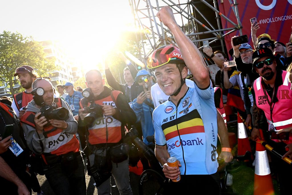 Belgian Remco Evenepoel celebrates after winning the mens elite road race at the UCI Road World Championships Cycling 2022 in Wollongong Australia Sunday 25 September 2022 The Worlds are taking place from 18 to 25 September BELGA PHOTO DIRK WAEM Photo by DIRK WAEM BELGA MAG Belga via AFP Photo by DIRK WAEMBELGA MAGAFP via Getty Images