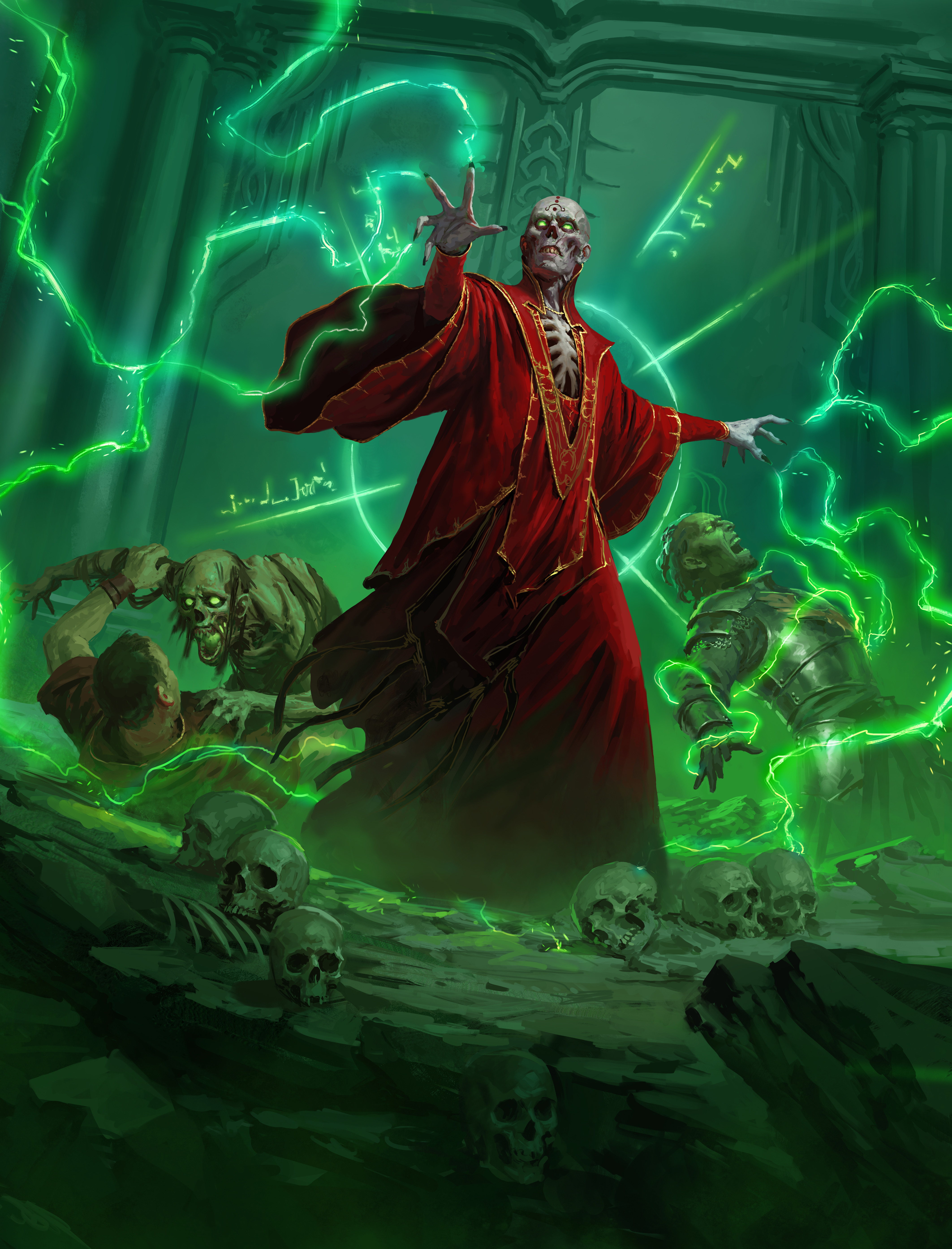 A skeletal, red-robed lich casts green lightning in a dungeon-like environment