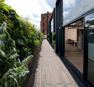 Tucked behind the mansion blocks and office slabs of Westminster, this new apartment occupies the eaves of a former Post Office depot, pushed up into the roof vaults and wrapped on one side by a narrow terrace and vertical garden